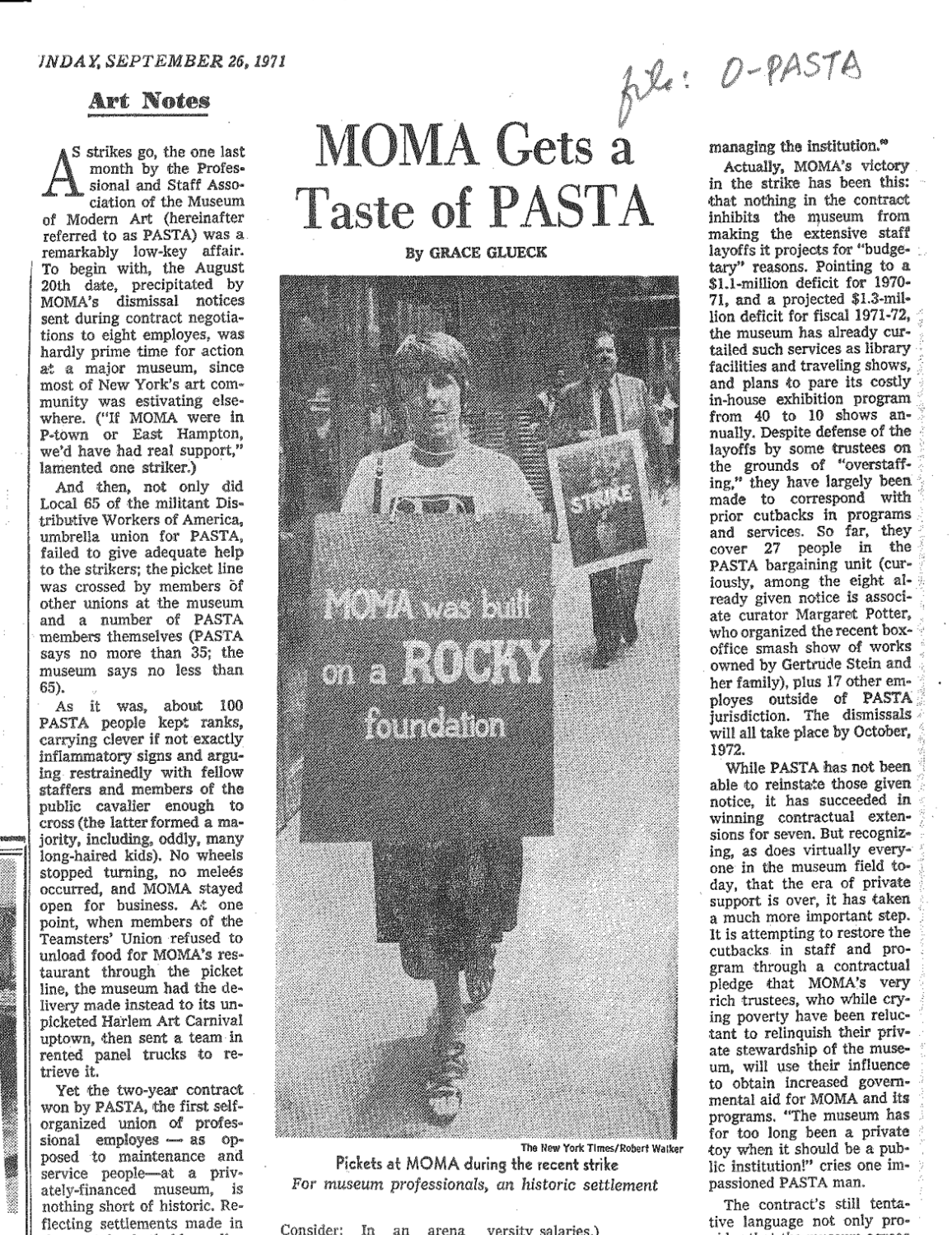 Newspaper clipping with headline “MOMA Gets a Taste of PASTA”